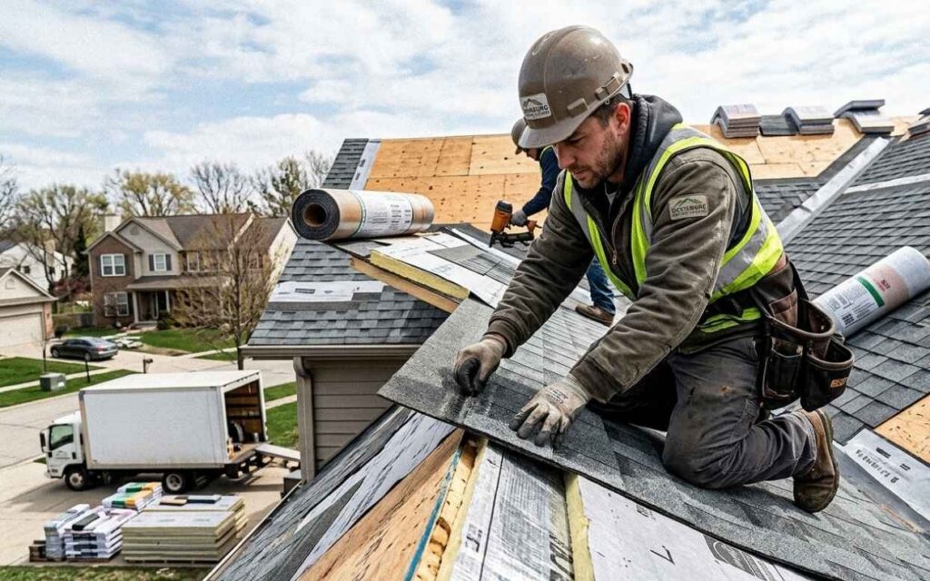 a roofing professional in a brown hard hat and a high-visibility yellow vest kneels on a steep roof, carefully aligning a dark asphalt shingle. he wears work gloves and a leather tool belt, with rolls of roofing underlayment and extra shingles visible nearby. in the background, another worker is active on the roof, and a white box truck is parked on the suburban street below alongside stacks of construction materials under a bright, sky.