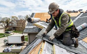 a roofing professional in a brown hard hat and a high-visibility yellow vest kneels on a steep roof, carefully aligning a dark asphalt shingle. he wears work gloves and a leather tool belt, with rolls of roofing underlayment and extra shingles visible nearby. in the background, another worker is active on the roof, and a white box truck is parked on the suburban street below alongside stacks of construction materials under a bright, sky.