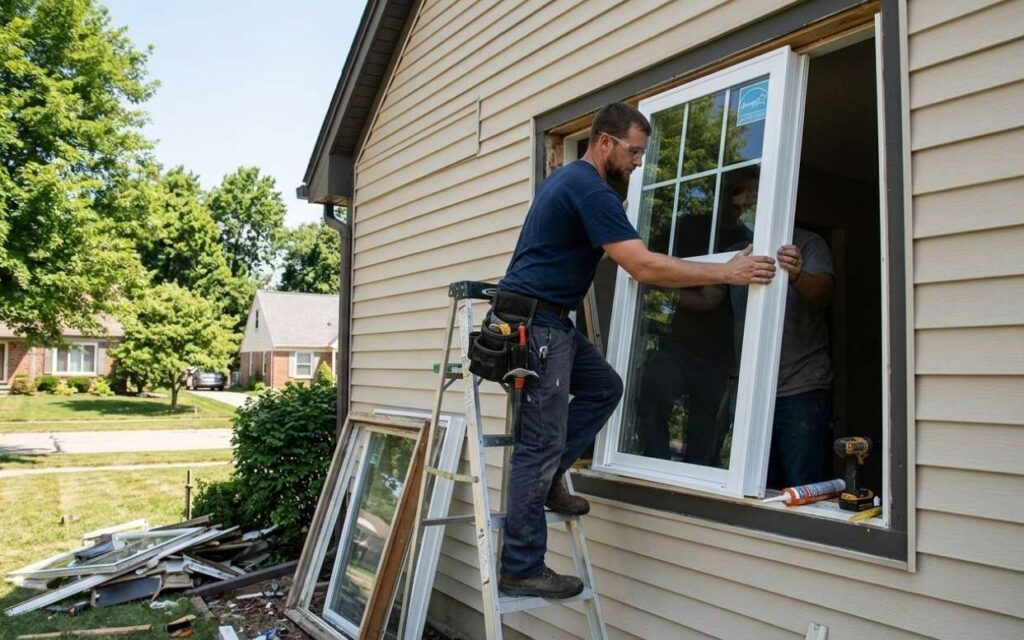 a construction worker in a dark blue t-shirt and tool belt stands on a step ladder, carefully lifting a new white-framed energy-efficient window into place on a beige-sided house. another worker is visible inside the home assisting with the alignment. old window frames and debris are stacked on the lawn below, and a suburban neighborhood with green trees and houses is visible in the background under a clear sky.