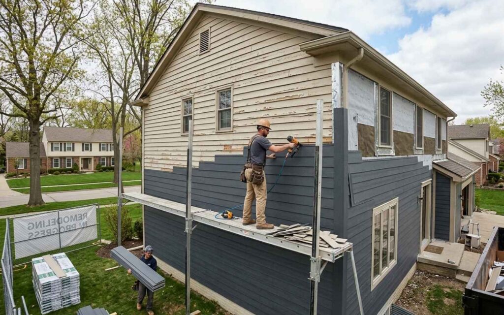 a construction worker standing on a metal scaffolding platform installs modern dark gray siding over old, light beige siding on the exterior of a two-story house. he is using a power tool, while another worker on the ground carries a bundle of new siding panels. the house is undergoing a partial renovation, showing the contrast between the original weathered boards and the new weather-protected material.