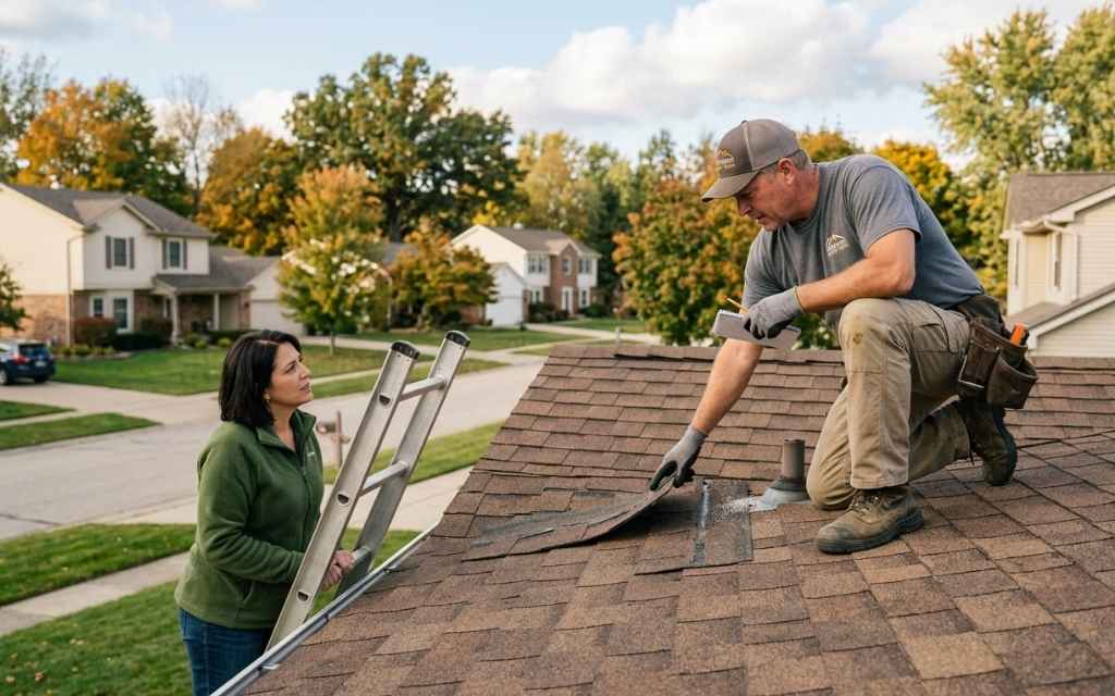 a roofing contractor inspecting shingles on a residential roof while talking to a homeowner standing on a ladder.