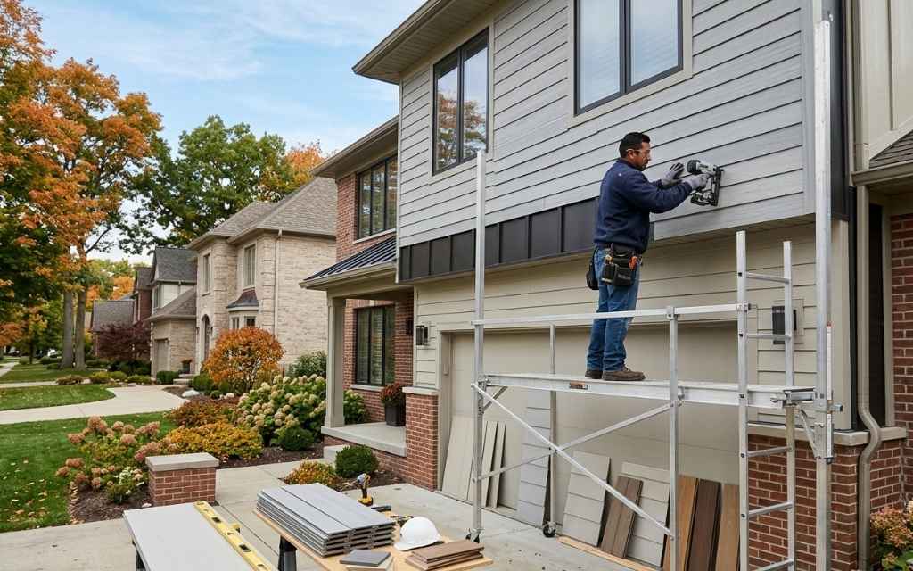 a professional installer standing on scaffolding while using a nail gun to install new horizontal siding on a two-story home.