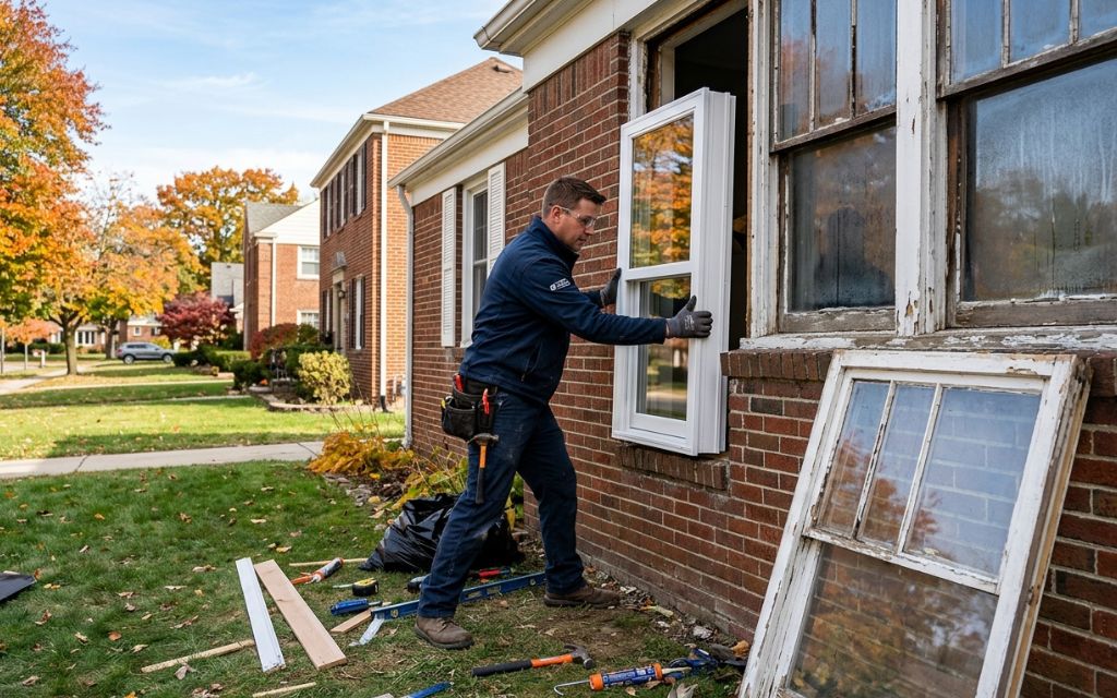a professional installer fitting a new white replacement window into a brick house during a home improvement project.
