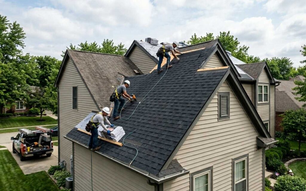 three construction workers in white hard hats and safety harnesses are working on the roof of a two-story suburban home with light beige siding. one worker carries a bundle of shingles, another uses a nail gun on the dark asphalt shingles, and the third is positioned higher up near the peak. a white work truck with ladders is parked in the driveway below, surrounded by green lush lawns and trees.