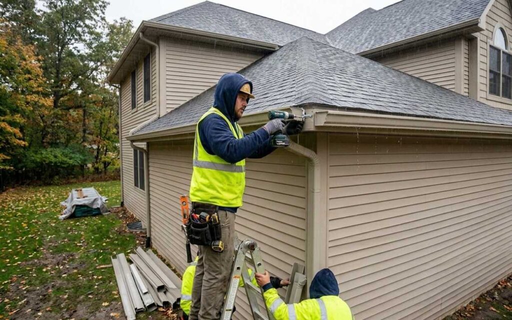 a construction worker wearing a blue hoodie, a yellow high-visibility vest, and a hard hat stands on a ladder while repairing or installing a beige gutter system. he is using a cordless power drill to work on the corner of the guttering attached to a two-story house with matching beige siding and a grey shingled roof. another worker in a similar safety vest is visible at the bottom of the ladder, and discarded gutter sections lie on the grass nearby amidst fallen autumn leaves.