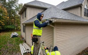 a construction worker wearing a blue hoodie, a yellow high-visibility vest, and a hard hat stands on a ladder while repairing or installing a beige gutter system. he is using a cordless power drill to work on the corner of the guttering attached to a two-story house with matching beige siding and a grey shingled roof. another worker in a similar safety vest is visible at the bottom of the ladder, and discarded gutter sections lie on the grass nearby amidst fallen autumn leaves.