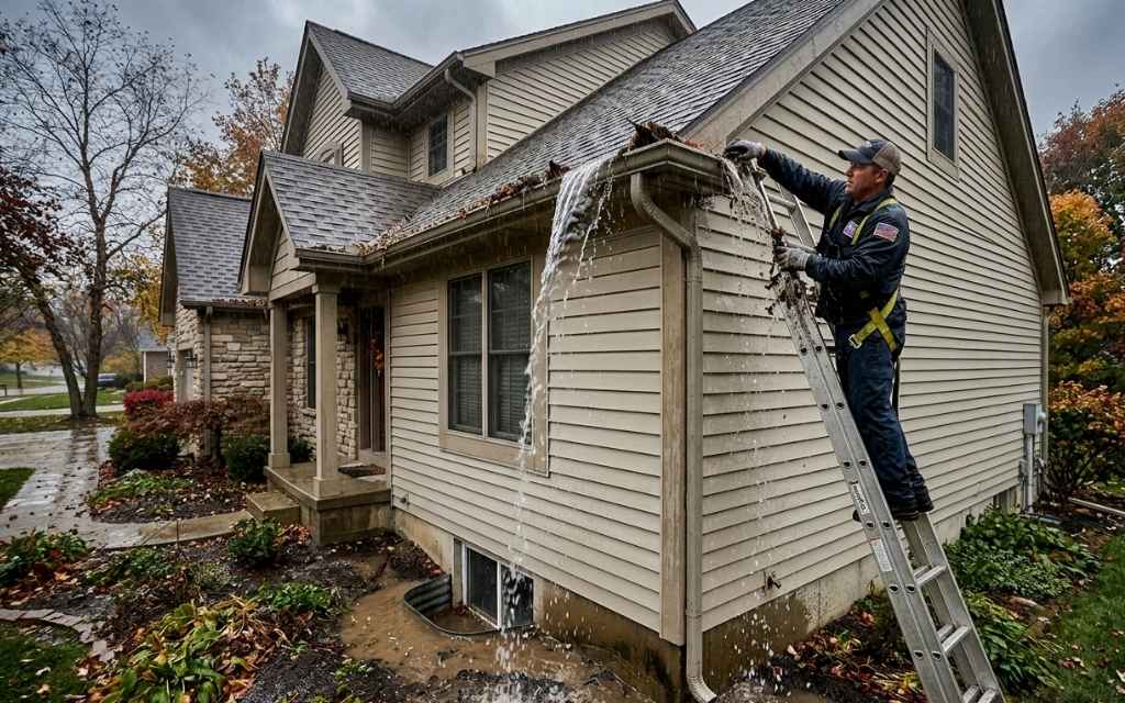 a worker on a ladder inspecting overflowing gutters as water pours down the side of a house during a rainstorm.