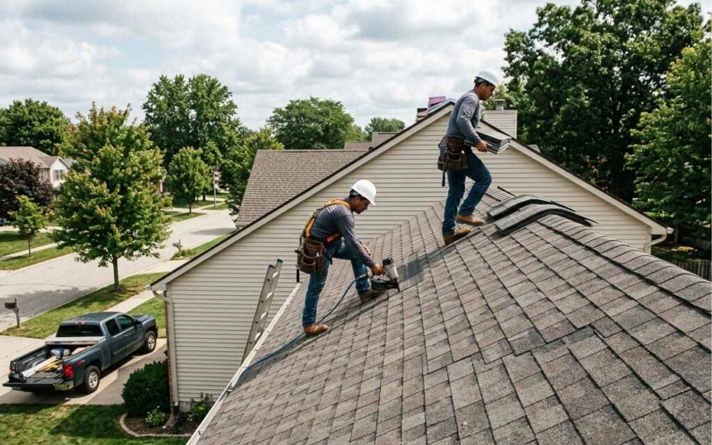 two construction workers wearing white hard hats and tool belts are working on a residential roof replacement. one worker is crouched down using a pneumatic nail gun to secure shingles, while the other worker walks up the roof incline carrying a stack of shingles. a grey pickup truck is parked on the street below near a ladder leaning against the house, and the surrounding neighborhood features green trees and suburban homes under a bright, partly cloudy sky.
