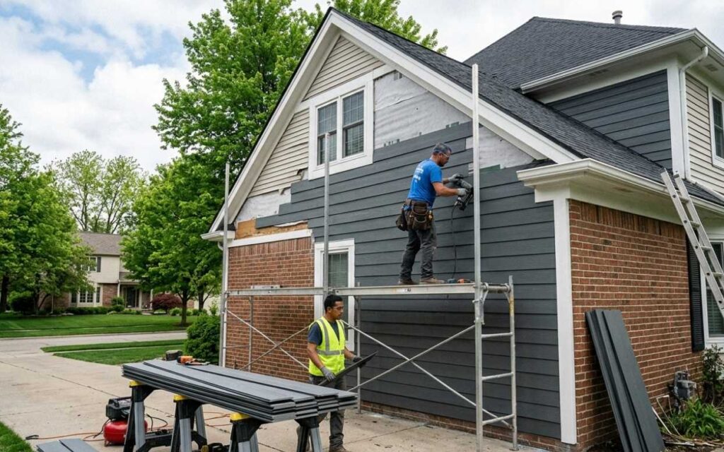 a construction worker in a blue t-shirt and tool belt stands on metal scaffolding, using a power tool to install dark charcoal grey siding panels on the upper section of a house. a second worker in a lime-green safety vest stands below on the driveway, preparing materials from a stack of new siding resting on sawhorses. the home features a combination of red brick on the lower level and a gabled roofline, set against a backdrop of green trees and a clear sky.