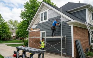 a construction worker in a blue t-shirt and tool belt stands on metal scaffolding, using a power tool to install dark charcoal grey siding panels on the upper section of a house. a second worker in a lime-green safety vest stands below on the driveway, preparing materials from a stack of new siding resting on sawhorses. the home features a combination of red brick on the lower level and a gabled roofline, set against a backdrop of green trees and a clear sky.