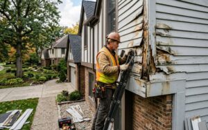 a contractor on a ladder inspecting and repairing damaged, rotting exterior siding on a residential house.
