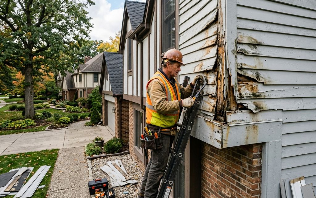 a contractor on a ladder inspecting and repairing damaged, rotting exterior siding on a residential house.