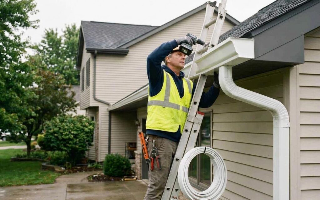 a construction worker in a lime-green safety vest and work pants stands on a silver extension ladder while installing a white high-capacity gutter system. he is using a cordless power drill to secure the gutter to the roofline of a beige-colored house. tools are visible in his belt, and a roll of white coil rests on the ladder. in the background, another suburban home and lush green trees are visible on a cloudy day.