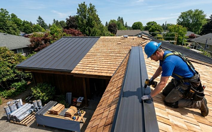 A roofing professional in a blue hard hat and safety harness using a power drill to install a dark metal standing seam panel on a residential roof. The roof features a combination of modern metal roofing and traditional cedar wood shakes, showcasing a transition between different high-end roofing materials. Additional supplies, including wood shingles and underlayment rolls, are organized on a workstation below.