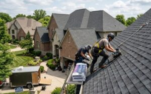 two roofers wearing safety harnesses and protective gear installing luxury asphalt shingles on the steep roof of a multi-story brick house. one worker uses a nail gun while balanced on a roofing ladder next to stacked bundles of materials.