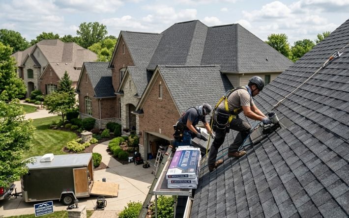 two roofers wearing safety harnesses and protective gear installing luxury asphalt shingles on the steep roof of a multi-story brick house. one worker uses a nail gun while balanced on a roofing ladder next to stacked bundles of materials.