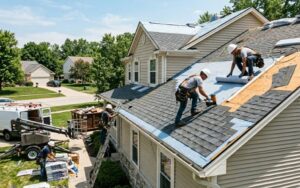 A team of roofing professionals performing a residential roof replacement on a tan multi-story home. One worker installs dark gray shingles using a pneumatic nail gun, another rolls out blue protective underlayment over the plywood decking, and additional crew members manage materials on the ground near a service van and dumpster.