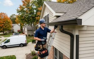 A professional technician in a blue hard hat and safety glasses stands on a ladder to install a high-capacity seamless gutter system on a residential home. He holds a power drill while aligning a dark bronze or black gutter section with the existing downspout. A white service van is parked in the driveway of the suburban neighborhood in the background during the autumn season.