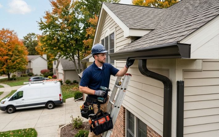 A professional technician in a blue hard hat and safety glasses stands on a ladder to install a high-capacity seamless gutter system on a residential home. He holds a power drill while aligning a dark bronze or black gutter section with the existing downspout. A white service van is parked in the driveway of the suburban neighborhood in the background during the autumn season.