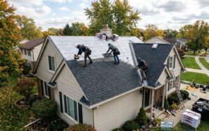 three roofing contractors working on a full residential roof replacement. one worker uses a nail gun to secure dark architectural shingles over white synthetic underlayment, while another worker aligns shingles and a third works on a roof valley. bundles of roofing materials are visible on the roof and the ground below in a suburban neighborhood setting.