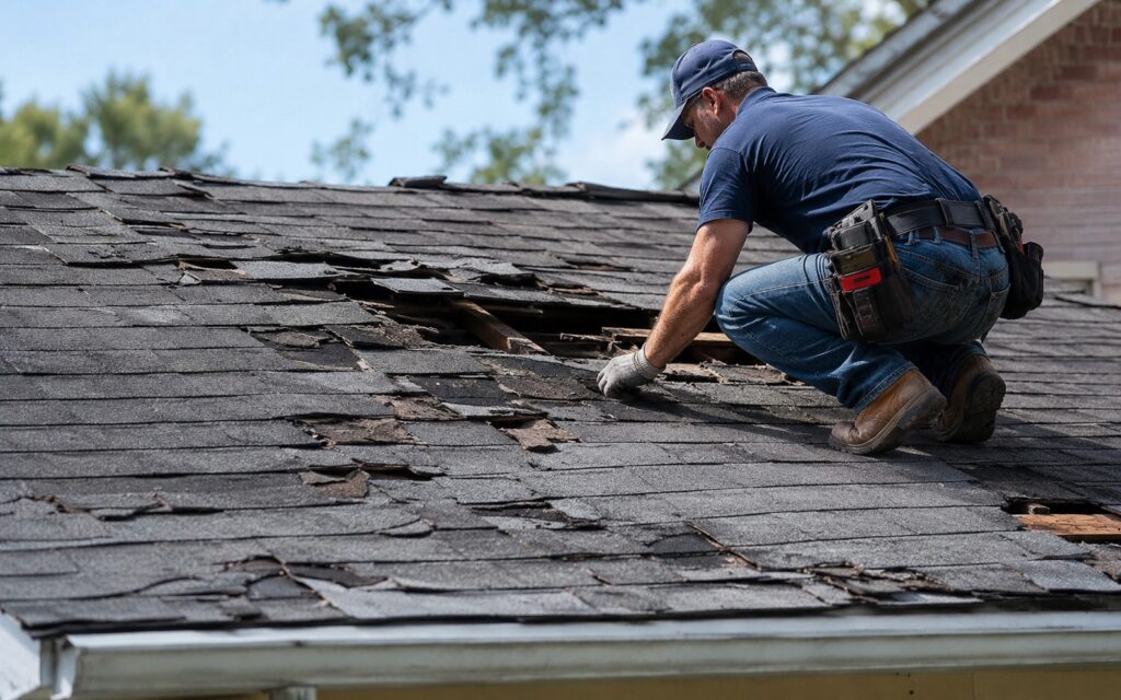 A roofer wearing a blue polo shirt, baseball cap, and tool belt crouches down to inspect a severely damaged residential roof with missing, broken, and decaying asphalt shingles that expose the underlying wood structure.