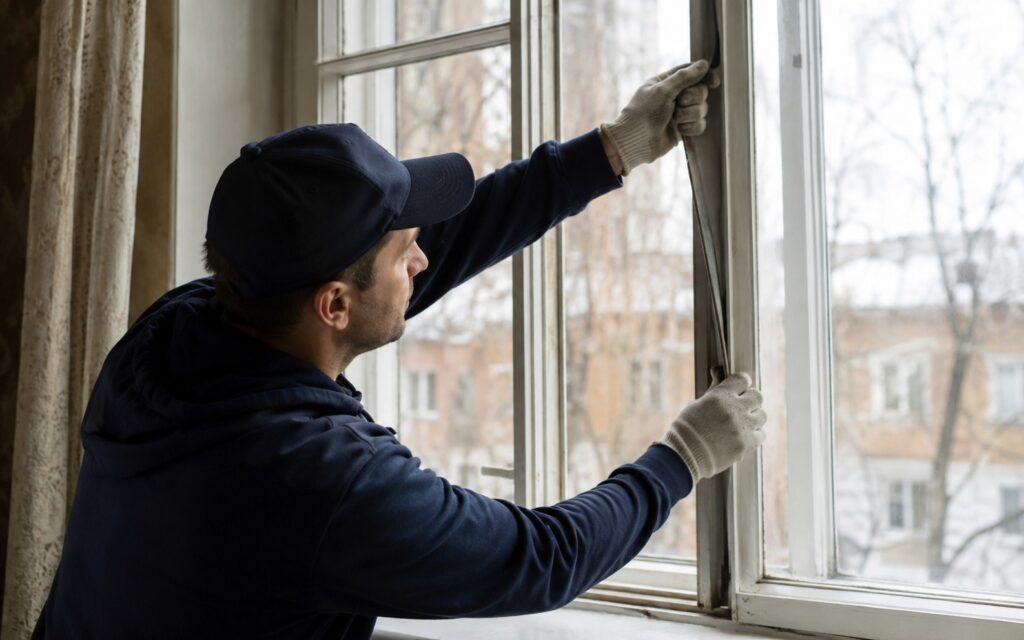 a worker inspecting or weatherstripping a drafty window pane inside a home.