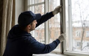 a worker inspecting or weatherstripping a drafty window pane inside a home.