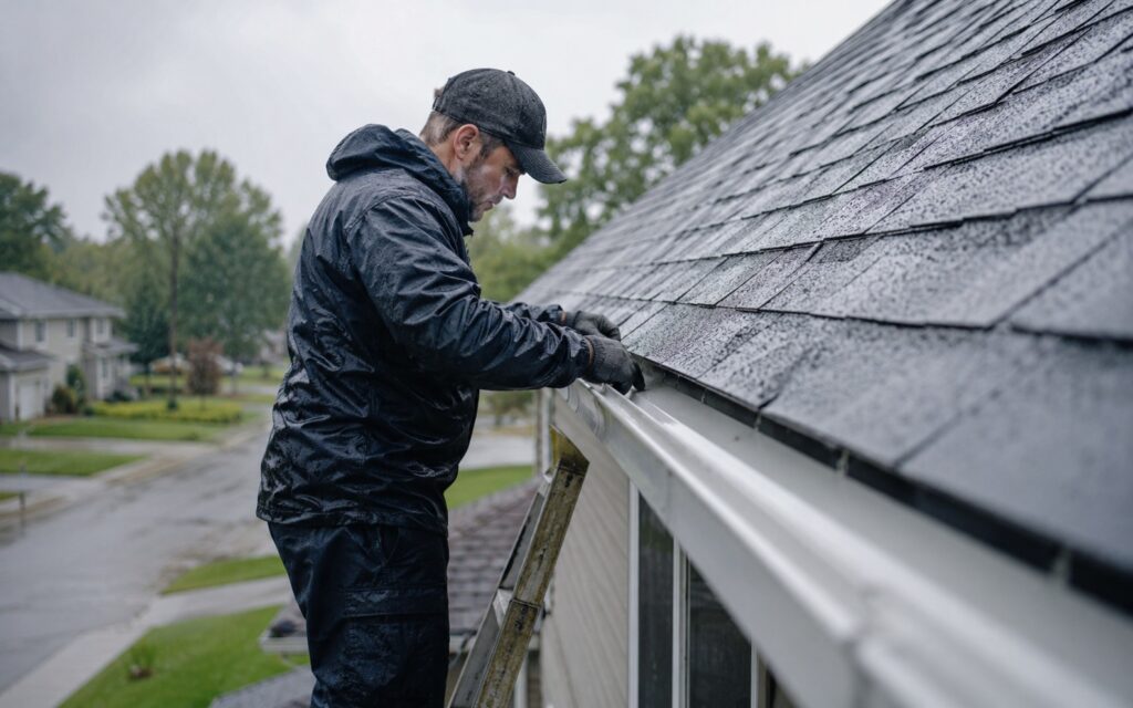 A worker wearing a dark raincoat and baseball cap stands on a ladder to inspect or install white rain gutters on a house during a light rain.
