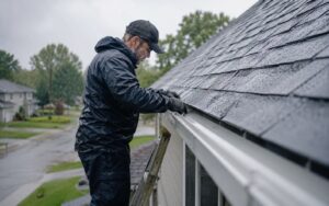 A worker wearing a dark raincoat and baseball cap stands on a ladder to inspect or install white rain gutters on a house during a light rain.