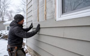 a contractor installing new siding on the exterior wall of a house during winter, showing insulation material beneath the panels.