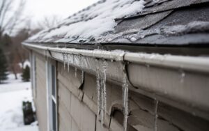 an image of a roof and gutter covered in ice and snow, with icicles hanging from the edge of the gutter along the side of a house with tan siding.