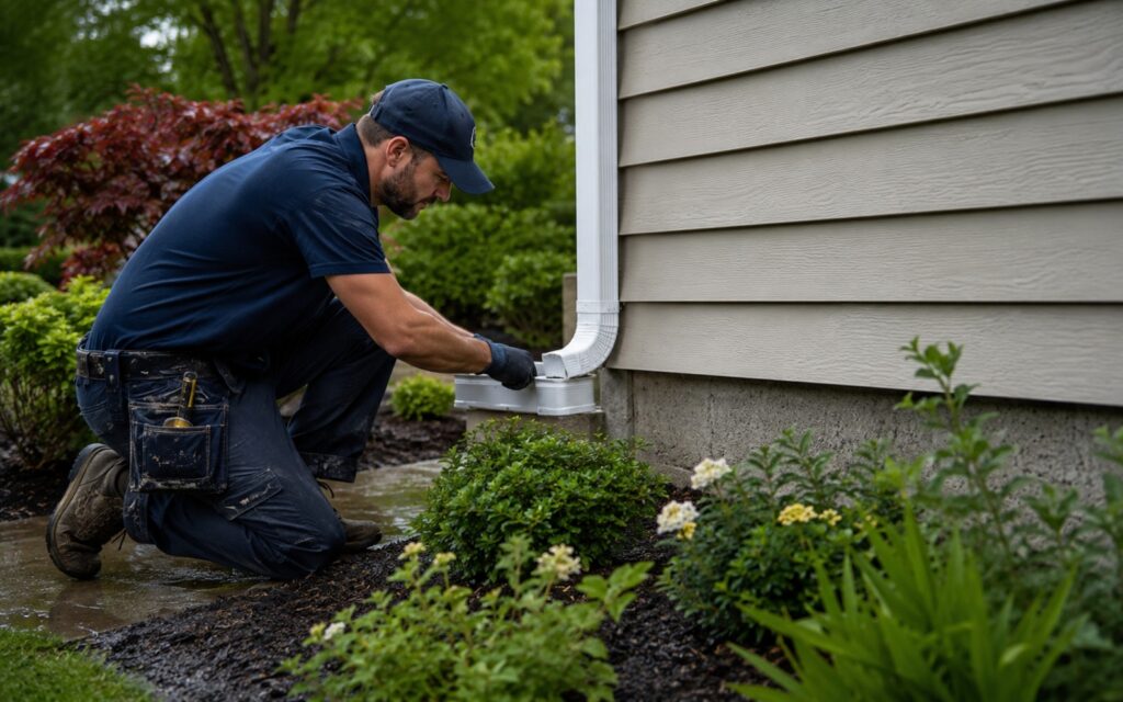A worker wearing a blue uniform, baseball cap, and tool pouch kneels outside next to a house to install or adjust a white gutter downspout extension near the foundation and landscaping.