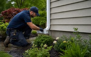 A worker wearing a blue uniform, baseball cap, and tool pouch kneels outside next to a house to install or adjust a white gutter downspout extension near the foundation and landscaping.