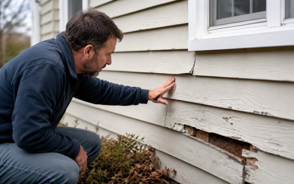 A man in a dark jacket crouches down to inspect damaged, peeling, and cracked light-colored house siding near a window.