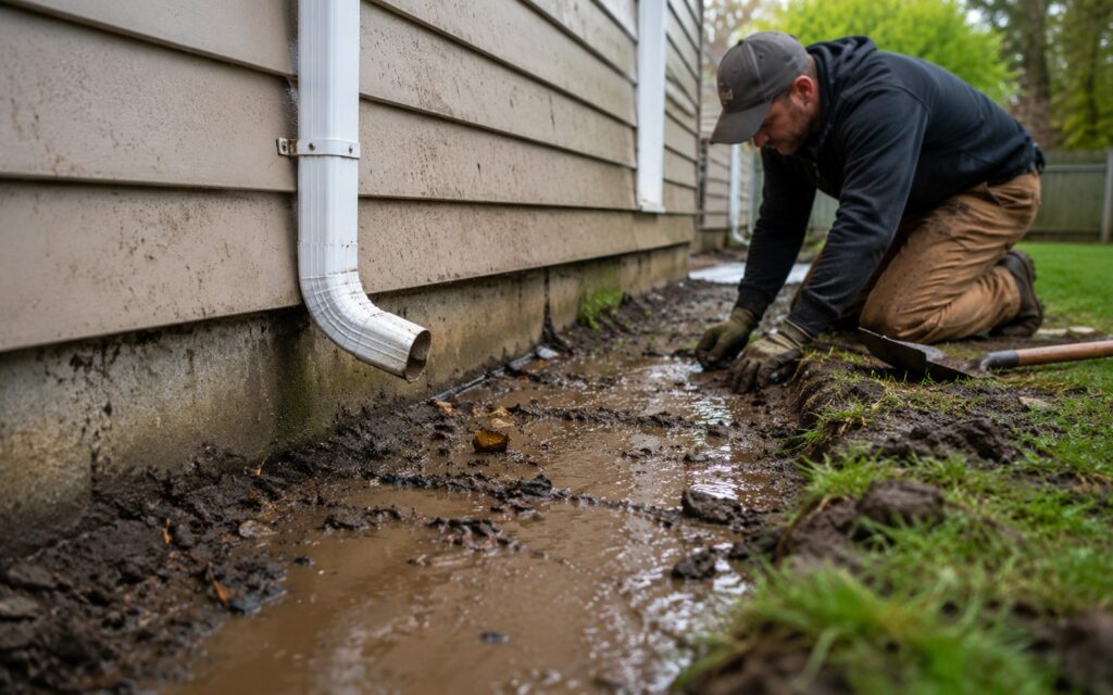 a worker inspecting muddy water pooling along a home foundation next to a gutter downspout.
