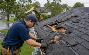 a roofing contractor inspecting a damaged asphalt shingle roof with missing and torn shingles after a storm, exposing the underlying wood structure.