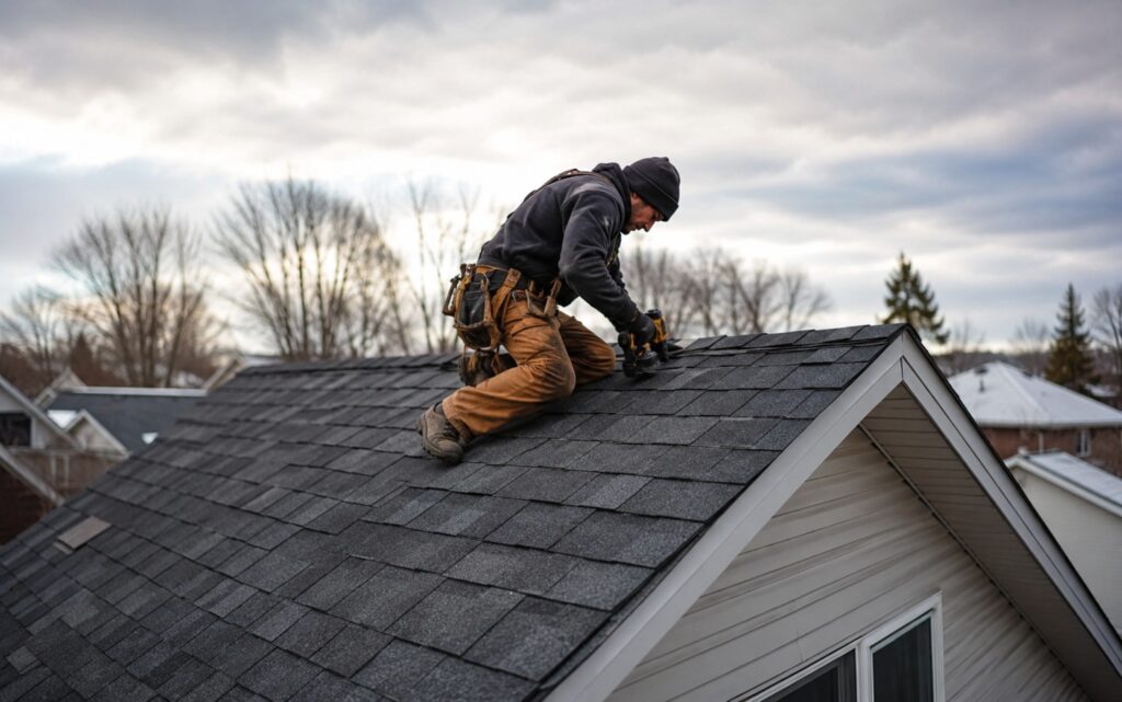 A roofer wearing a tool belt and beanie kneels on a residential roof to install or repair dark asphalt shingles under an overcast sky.