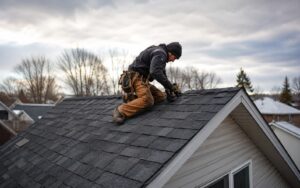 A roofer wearing a tool belt and beanie kneels on a residential roof to install or repair dark asphalt shingles under an overcast sky.