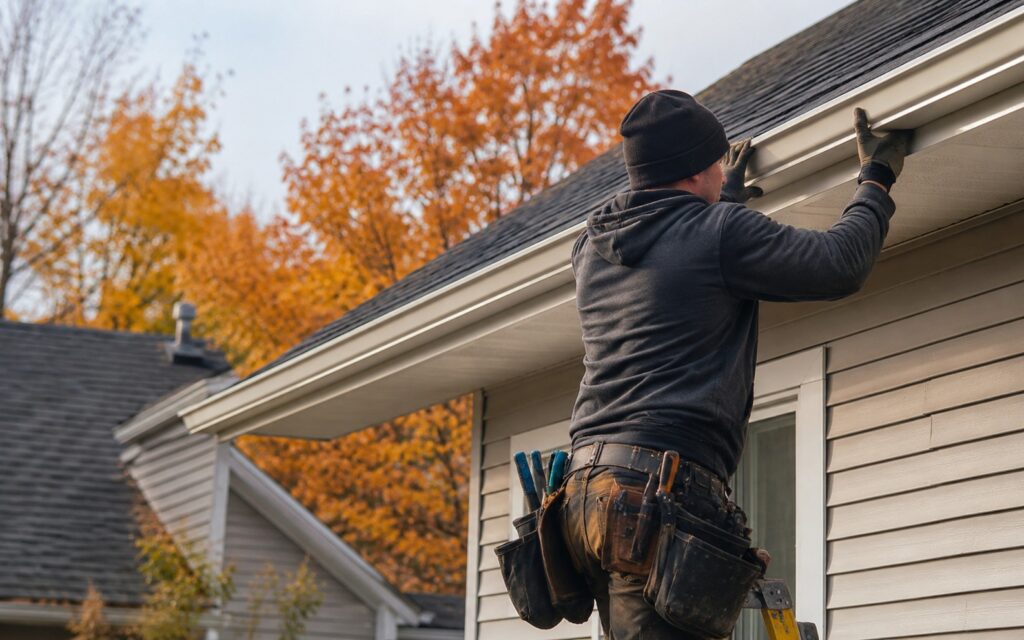 A contractor wearing a dark hoodie, beanie, and a loaded tool belt stands on a ladder to install or repair white gutters on a residential home, with vibrant autumn trees in the background.