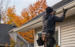 A contractor wearing a dark hoodie, beanie, and a loaded tool belt stands on a ladder to install or repair white gutters on a residential home, with vibrant autumn trees in the background.