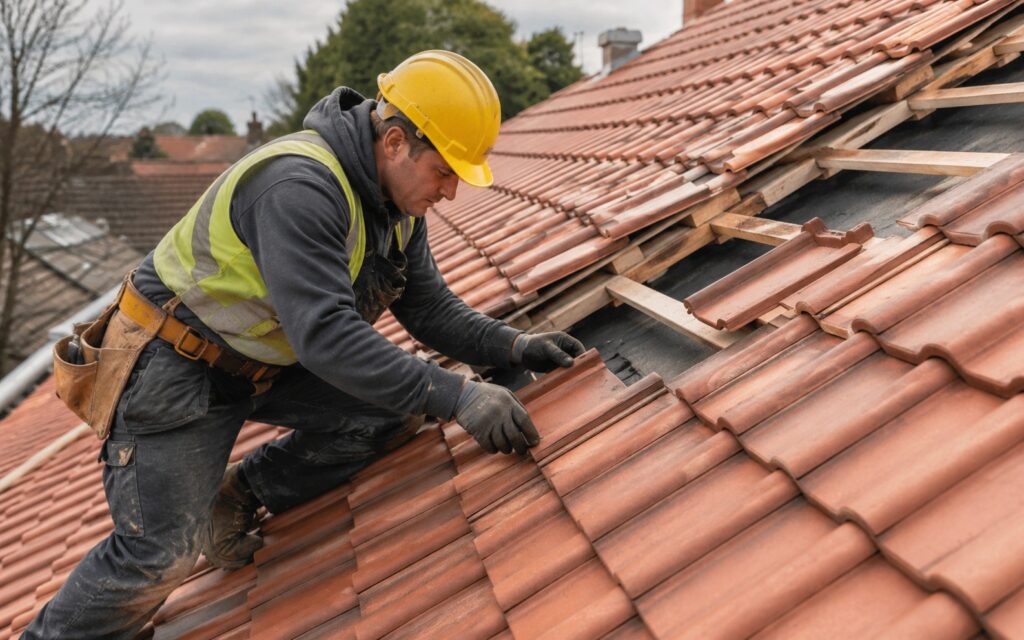 A roofer in a yellow hard hat laying terracotta tiles on a residential roof.