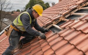 A roofer in a yellow hard hat laying terracotta tiles on a residential roof.