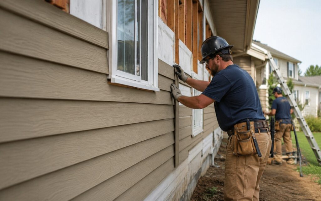 A contractor in a hard hat and tool belt installing tan lap siding on the exterior wall of a home.