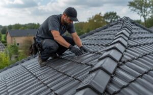 A roofing professional crouching on a roof to inspect and fit dark roof tiles.