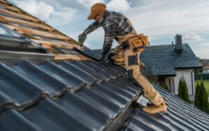 A roofer using a power tool to install dark roofing tiles on a residential home.