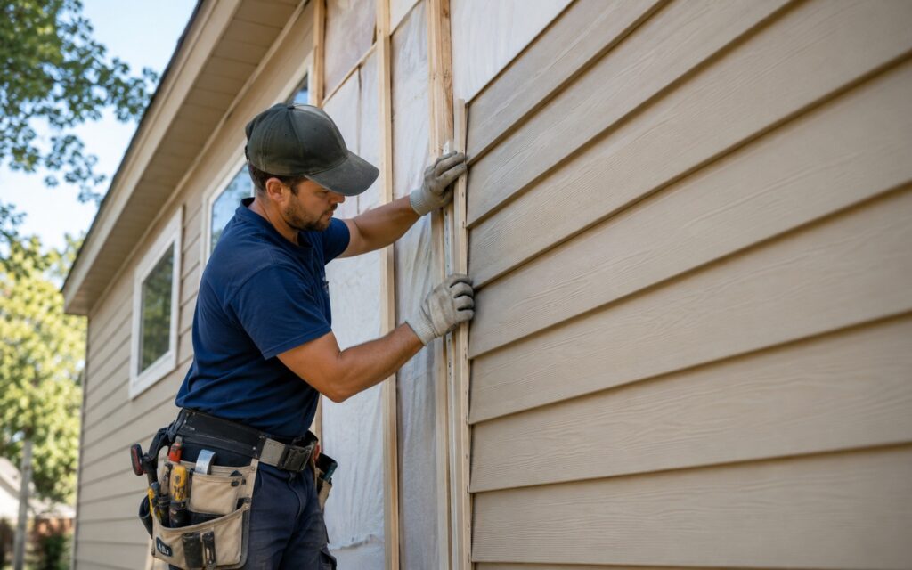 A contractor fitting beige siding panels onto the exterior of a residential house.