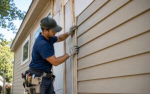 A contractor fitting beige siding panels onto the exterior of a residential house.