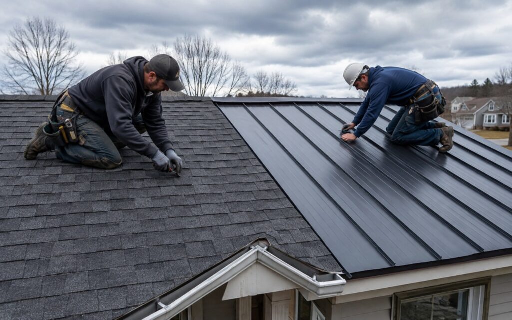 Two roofers working on a residential roof with one side covered in dark asphalt shingles and the other covered in black standing seam metal panels.