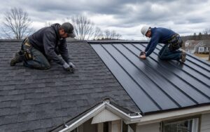 Two roofers working on a residential roof with one side covered in dark asphalt shingles and the other covered in black standing seam metal panels.