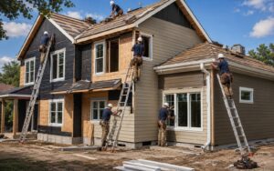 A construction crew performing full exterior renovations on a two-story home, working on the roof, siding, windows, and gutters simultaneously.